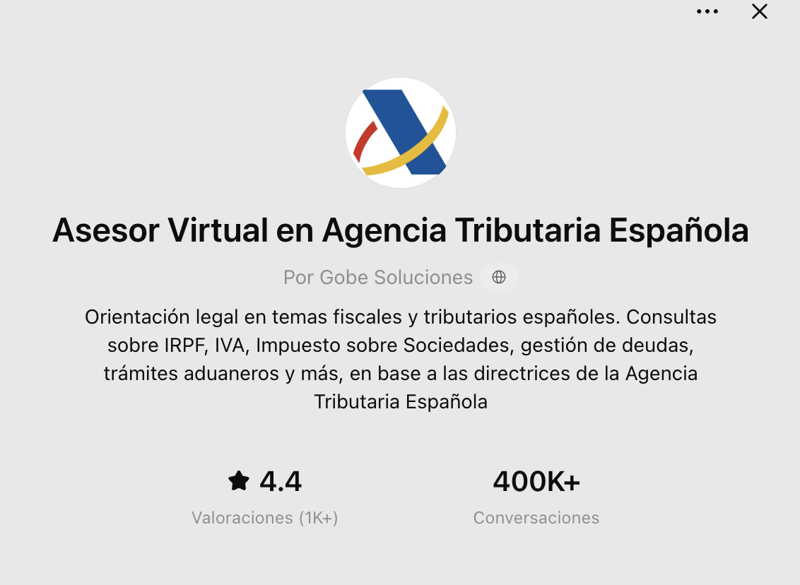 Ficha del GPT Asesor Virtual en Agencia Tributaria Española