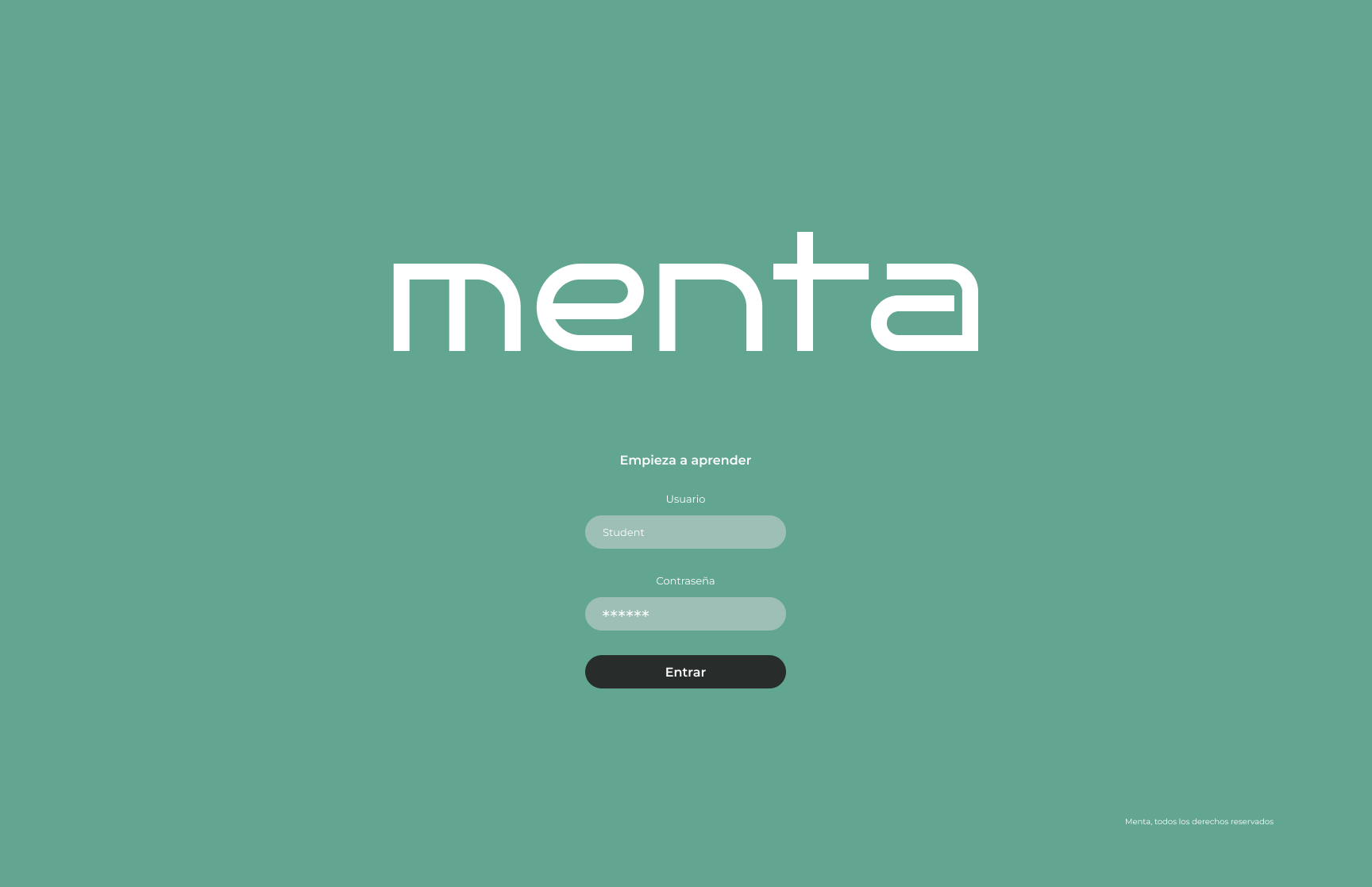 Pantalla de acceso de Menta